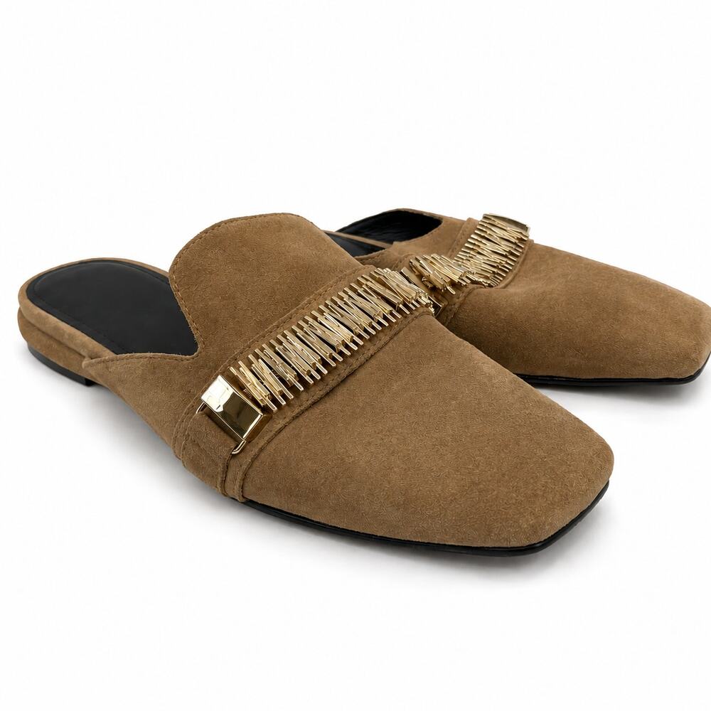 Cecelia New York Flipper Mules Flat Light Brown Leather Suede Size 9 Gold Chain